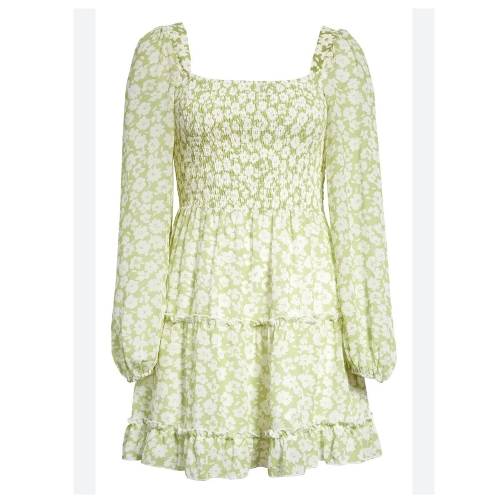 Lulu's Fresh Season Green Floral Smocked Balloon Sleeve Cottage Mini Dress Sz L - Picture 2 of 13